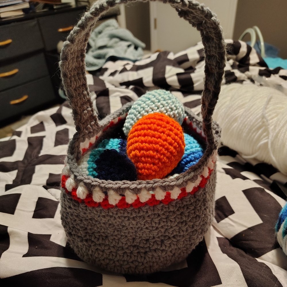 Handmade Gray Crochet Easter Basket with Colorful Crocheted Eggs